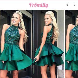 Promlily Emerald Green A-line Satin sleeveless mini dress wit beads and sequins